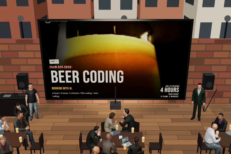 Beer Codingu Simsi mängu kaader: pubi, lauad ja suur ekraan